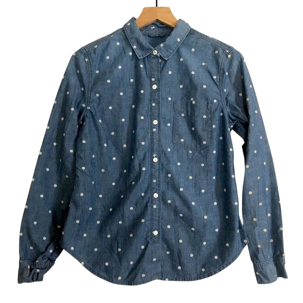 Gap 1969 Cotton Blue Denim White Polka Dot Button Up Long Sleeve Shirt Top Small